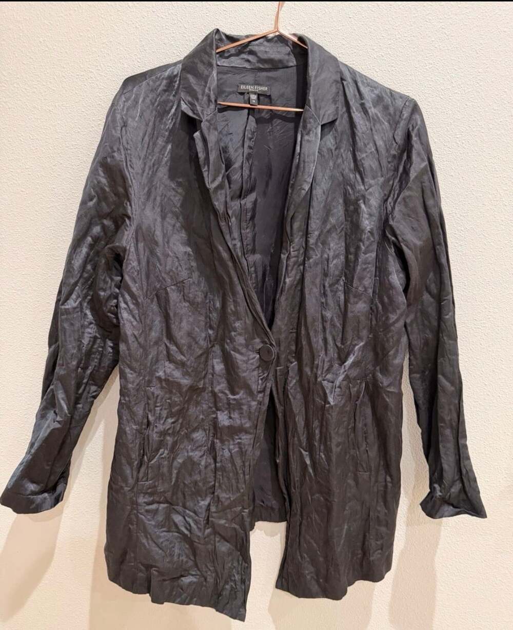 Eileen Fisher Steel Satin Jacket Size 1X Black Metallic Long Sleeve